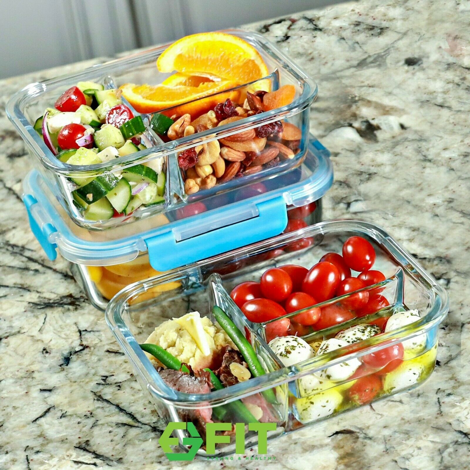 3 Compartment Glass Meal Prep Containers (3 Pack, 35 Oz) - Food